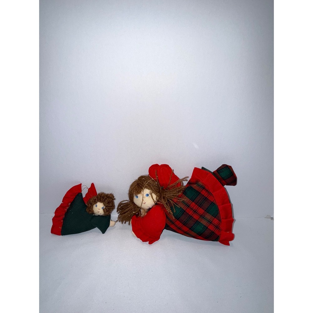 Vintage Fabric Angel Christmas Ornaments Set 2 Plaid Red Green Holiday Decor